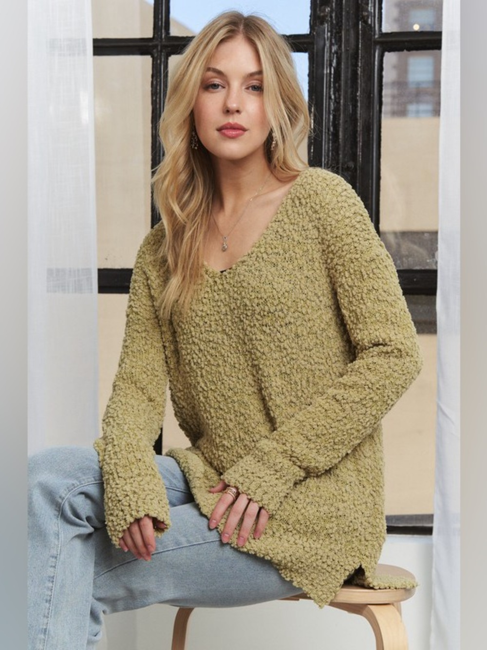 ADORA High-Low Side Slit V-Neck Sweater